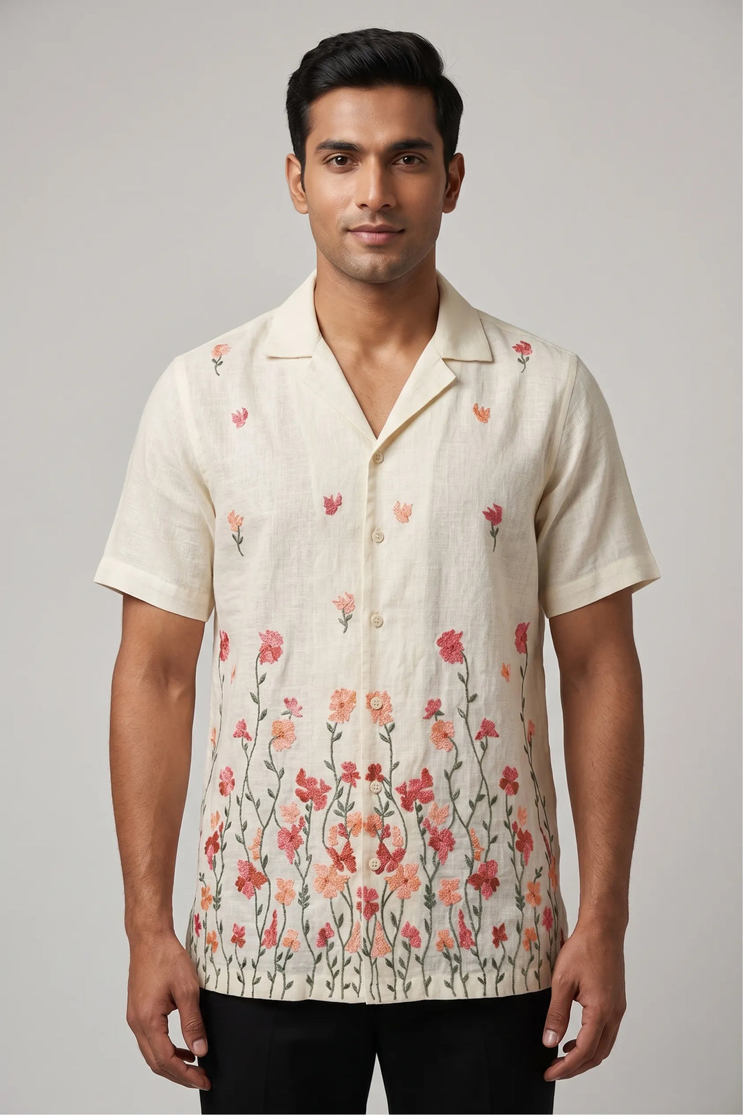 Linen shirt with artisan thread embroidery — floral stems rising from the hem — Meadow by HILO DESIGN