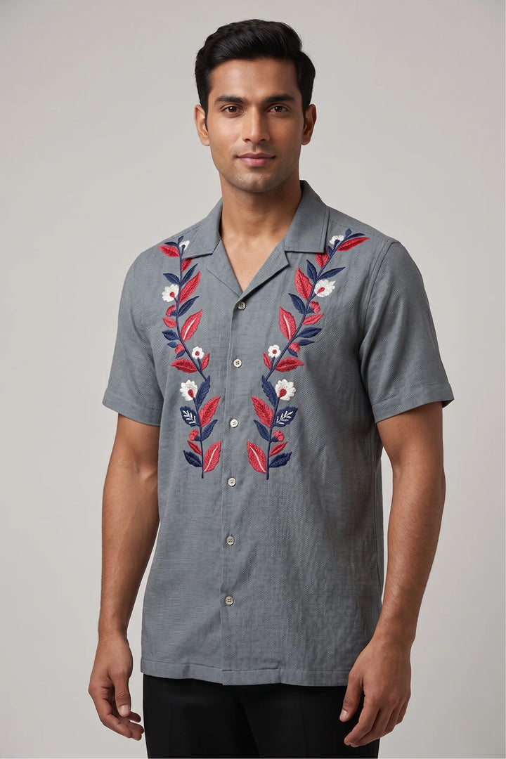 Grey cotton flex shirt with artisan thread dual floral embroidery — Sunduo by HILO DESIGN