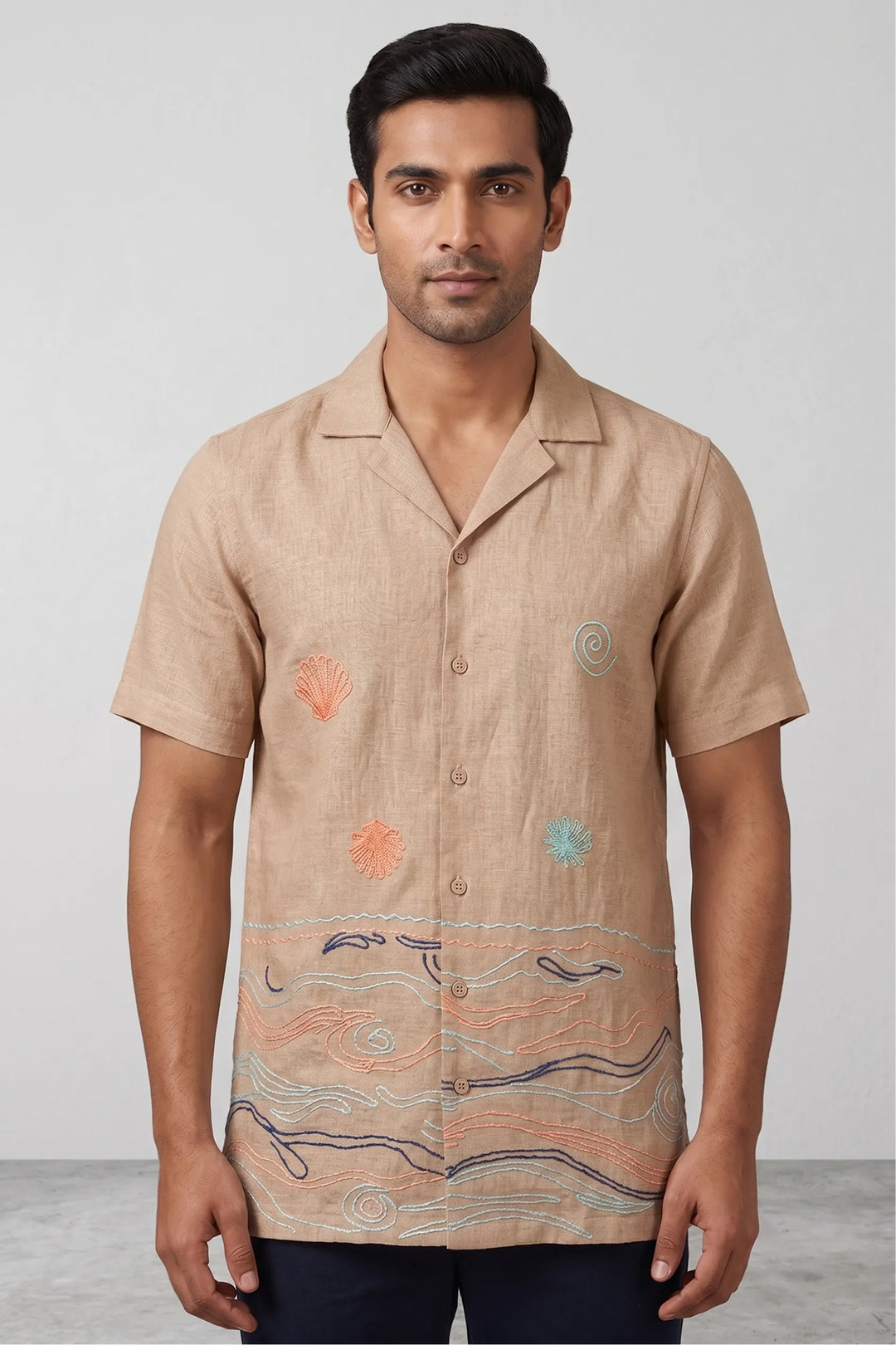 Beige linen shirt with artisan thread wave and shell embroidery along hem — Soft Tide by HILO DESIGN