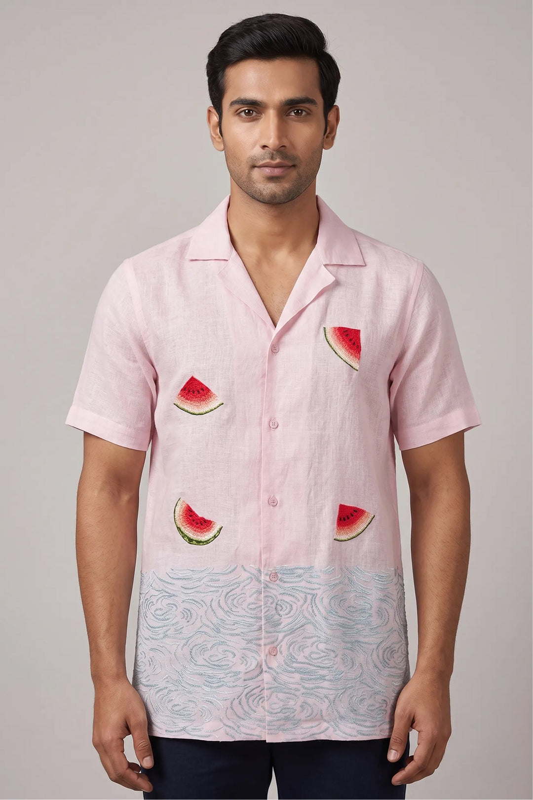 White linen shirt with watermelon embroidery and ripple-stitch hem — Melon by HILO DESIGN