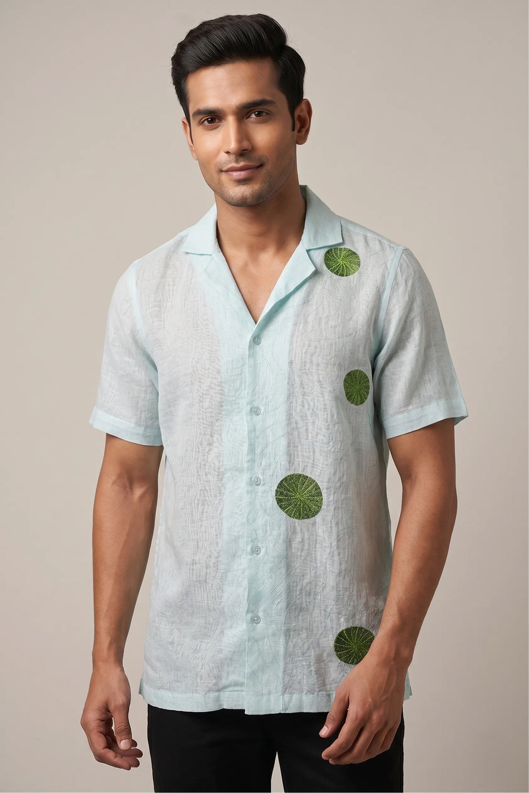 Blue linen shirt with pink and white minimal motif embroidery — Celeste by HILO DESIGN