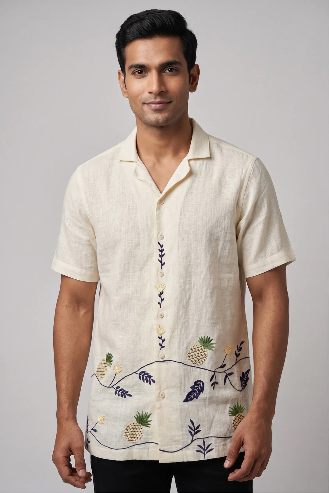 Cream linen shirt with artisan thread pineapple embroidery — Pinora by HILO DESIGN
