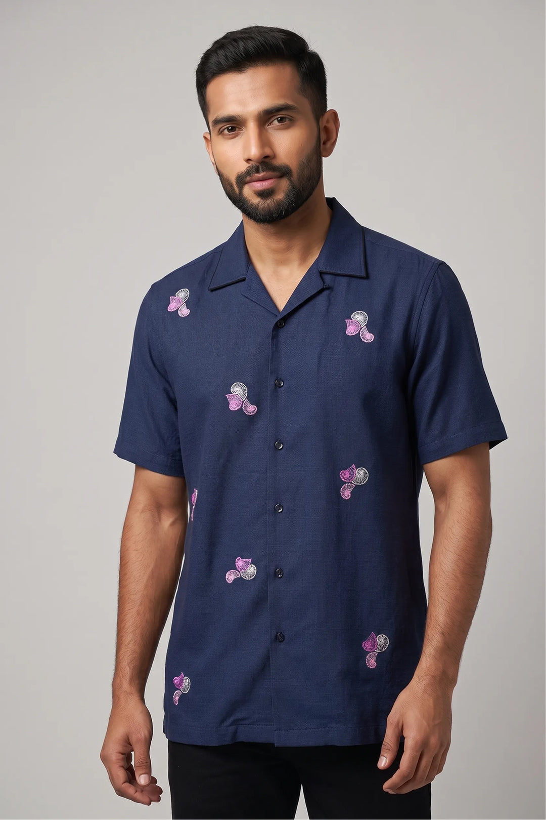 Blue cotton flex shirt with artisan thread pink and white embroidery — Aureole by HILO DESIGN
