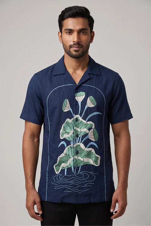 Navy cotton flex shirt with artisan thread lotus embroidery — Midnight Bloom by HILO DESIGN