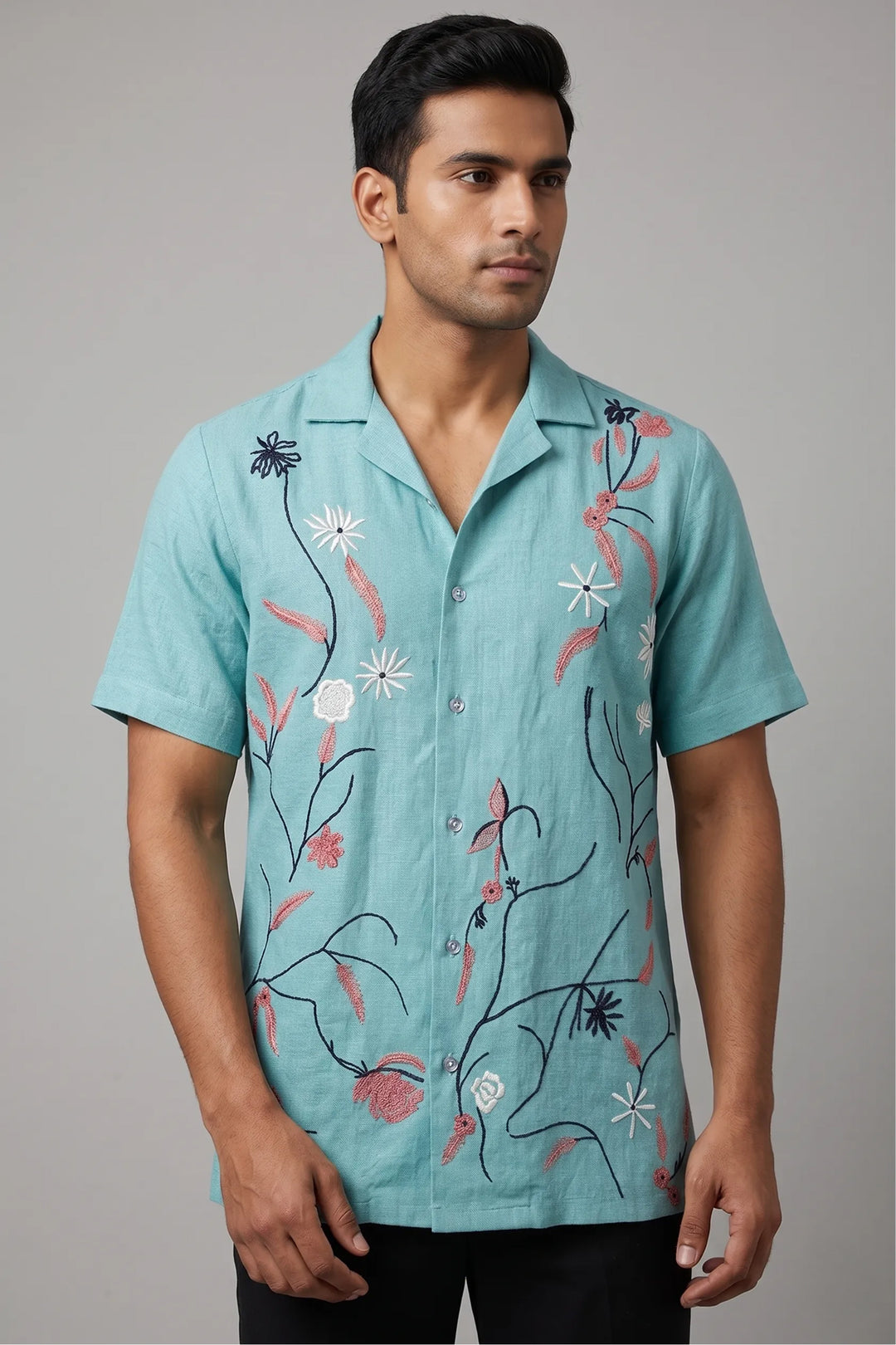 Aqua linen shirt with artisan thread floral vine embroidery — Serene by HILO DESIGN
