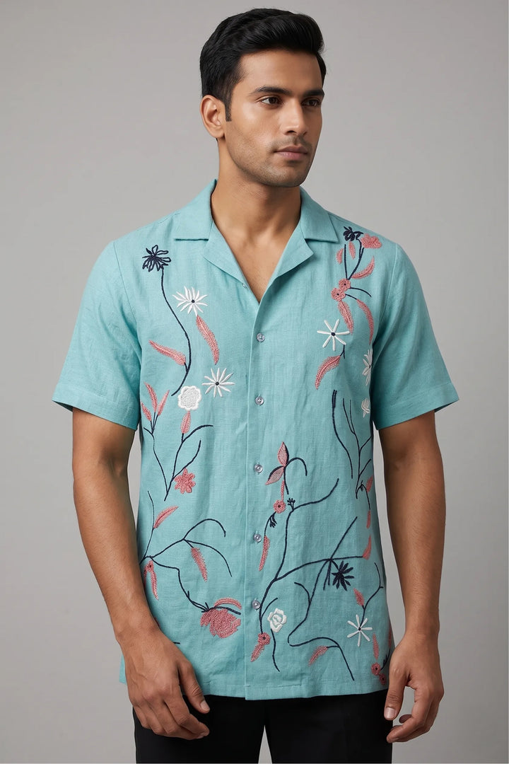 Aqua linen shirt with artisan thread floral vine embroidery — Serene by HILO DESIGN
