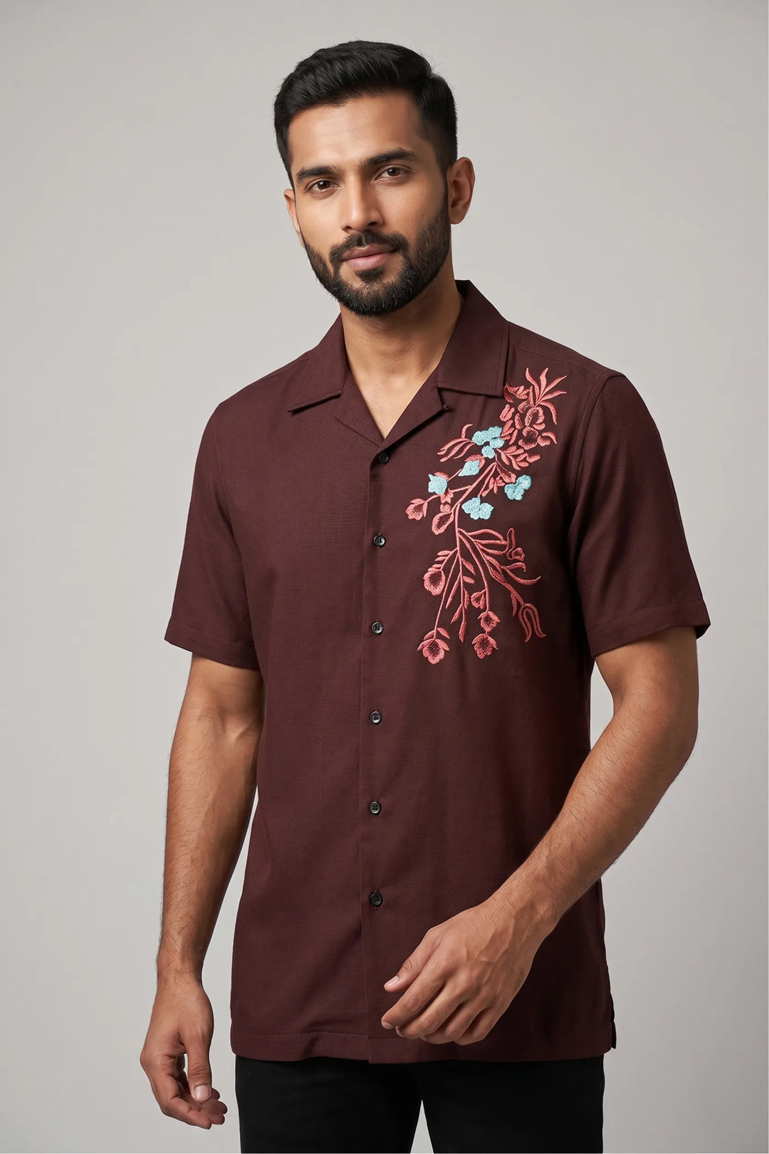 Brown cotton flex shirt with artisan thread floral embroidery — Solvra by HILO DESIGN