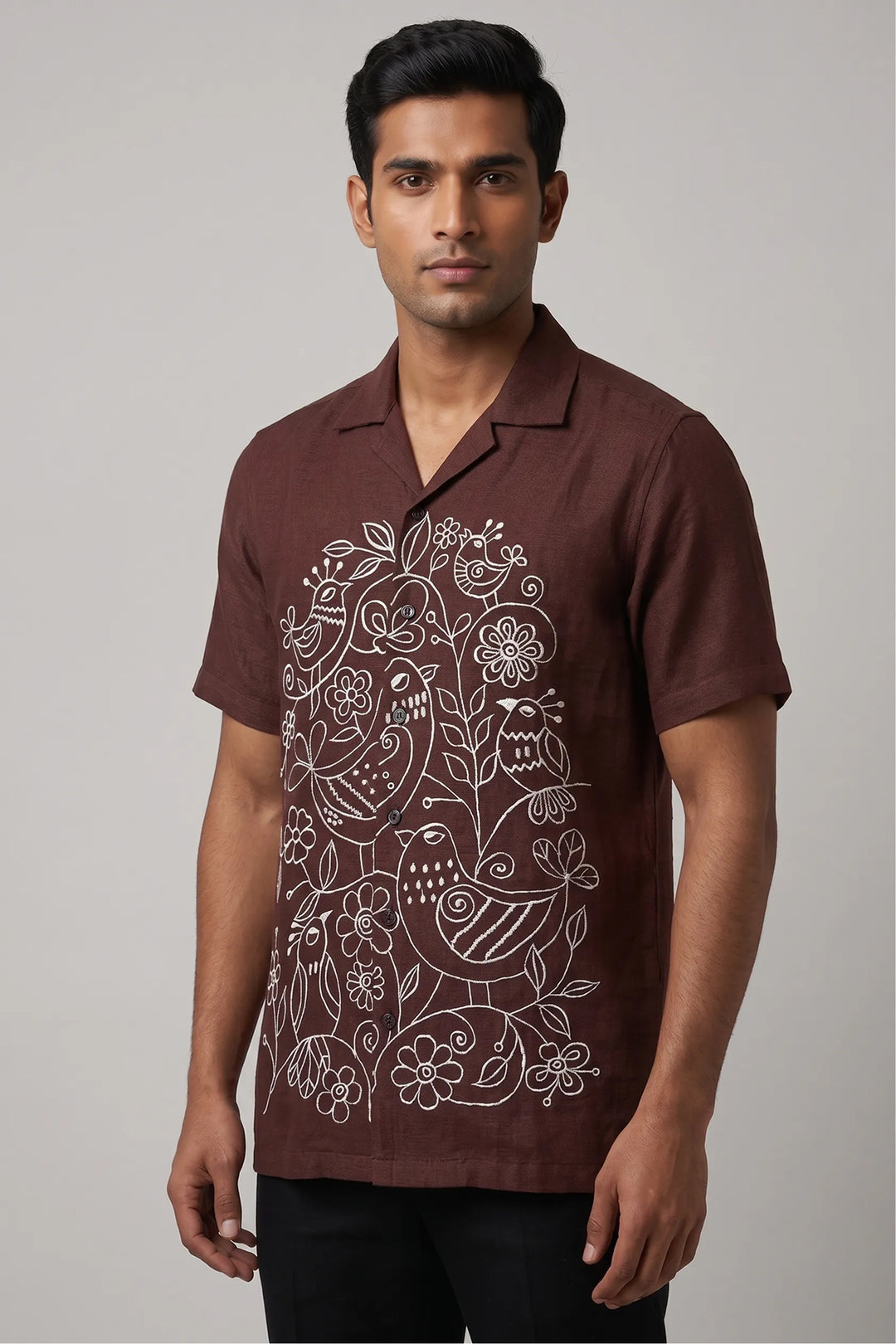 Brown cotton flex shirt with artisan thread botanical embroidery — Botan by HILO DESIGN
