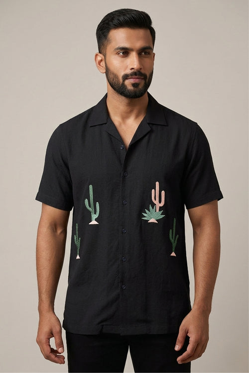 Black cotton flex shirt with artisan thread cactus embroidery — Cactyx by HILO DESIGN