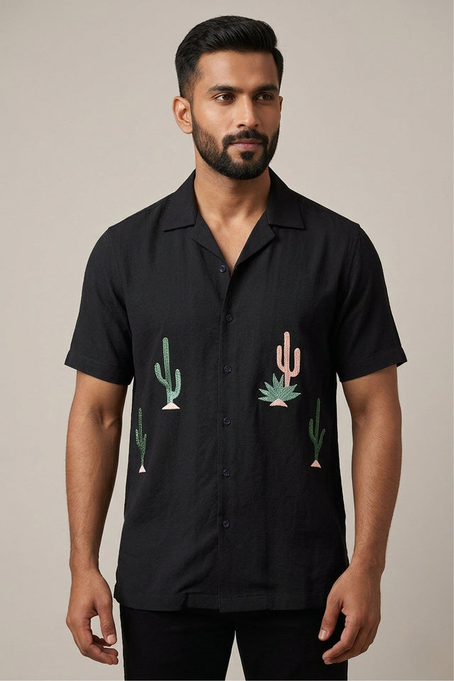 Black cotton flex shirt with artisan thread cactus embroidery — Cactyx by HILO DESIGN