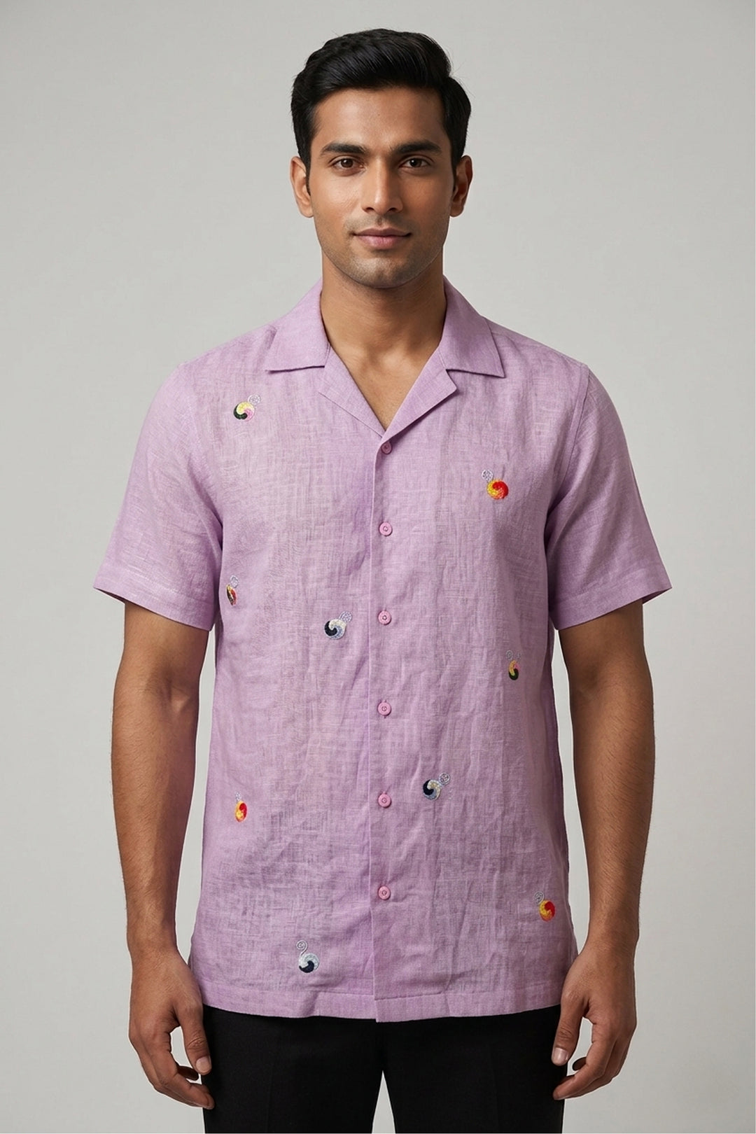 Lavender linen shirt with multicolor swirl embroidery — Airloom by HILO DESIGN