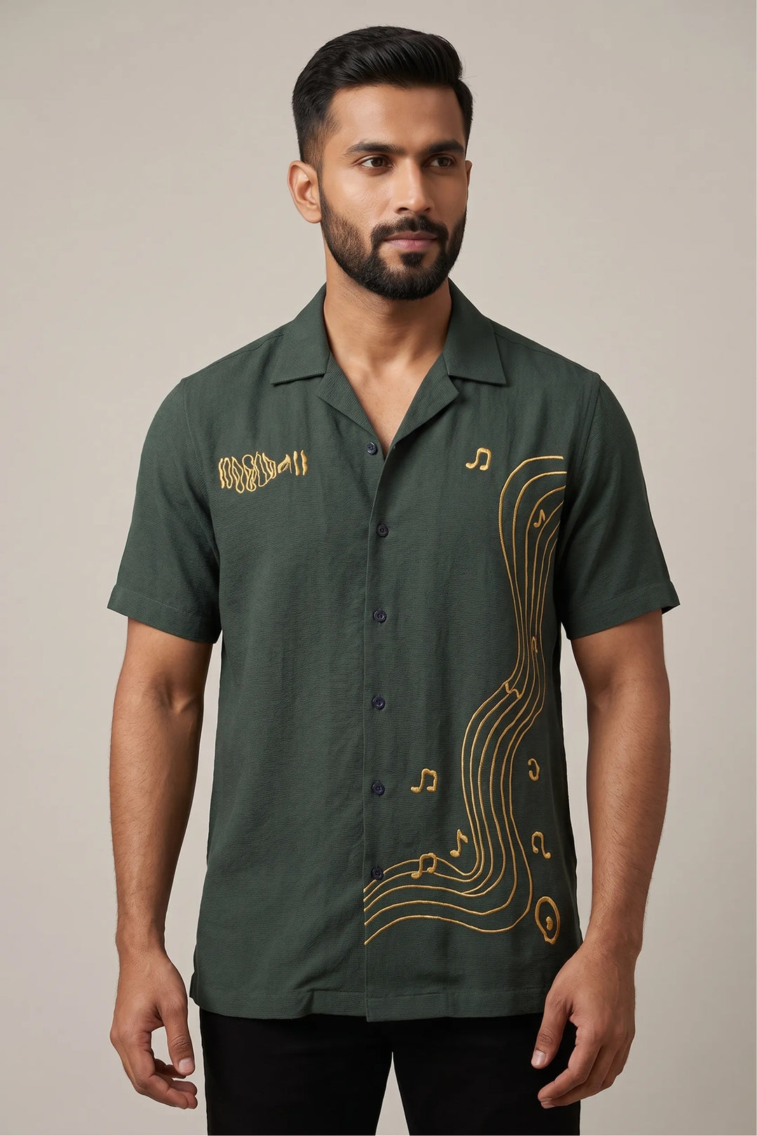 Cotton flex shirt with artisan thread sound-wave and music note embroidery — Echo by HILO DESIGN