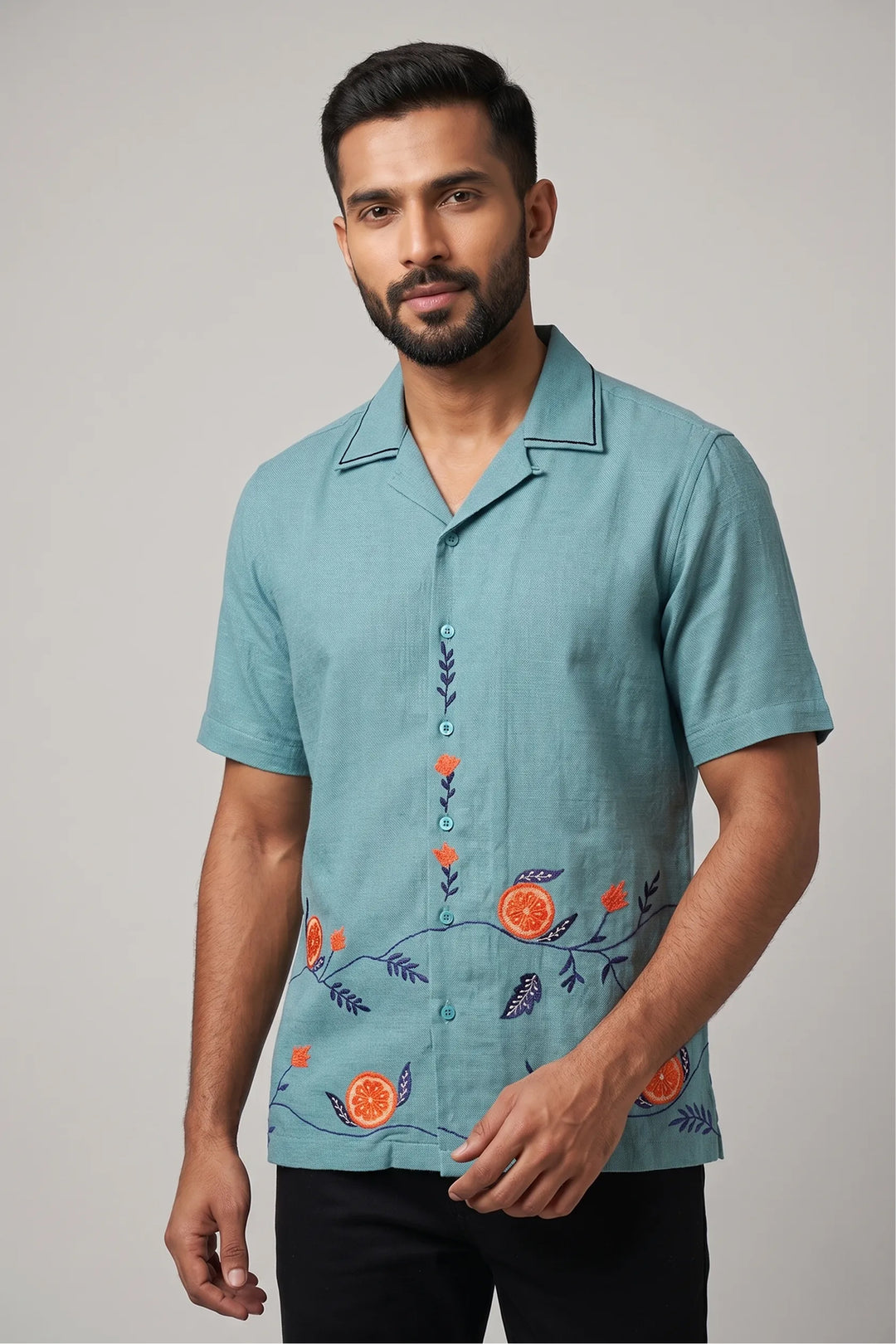 Sea green linen shirt with floral and citrus embroidery — Coastline by HILO DESIGN
