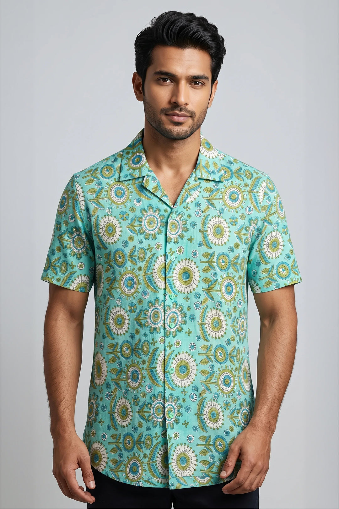 Teal Ajrakh hand block-printed cotton shirt with floral and circular motifs — Medallion by HILO DESIGN