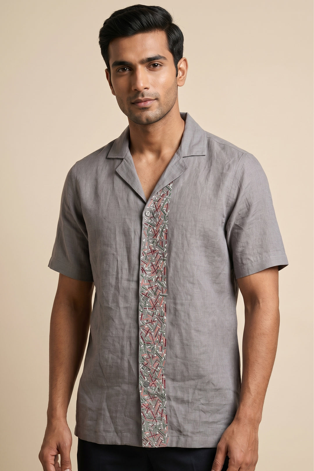 Grey linen shirt with artisan thread confetti embroidery — Driftstone by HILO DESIGN