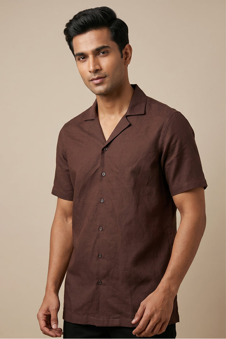 Olive earth-toned cotton flex shirt with relaxed fit and open collar — Earthline by HILO DESIGN
