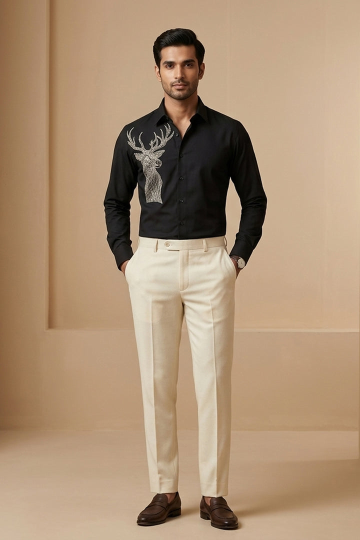 Stag — Midnight Blue Hand Embroidered 4-Way Stretch Shirt