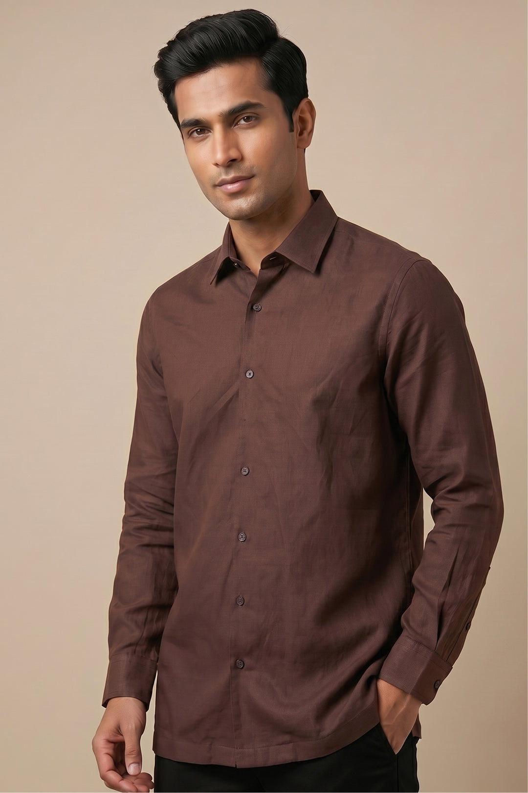 Brown cotton flex shirt with relaxed fit and classic collar — TerraThread by HILO DESIGN
