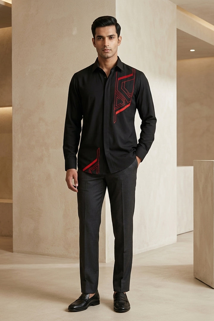 Axton — Black Thread Embroidered 4-Way Stretch Shirt