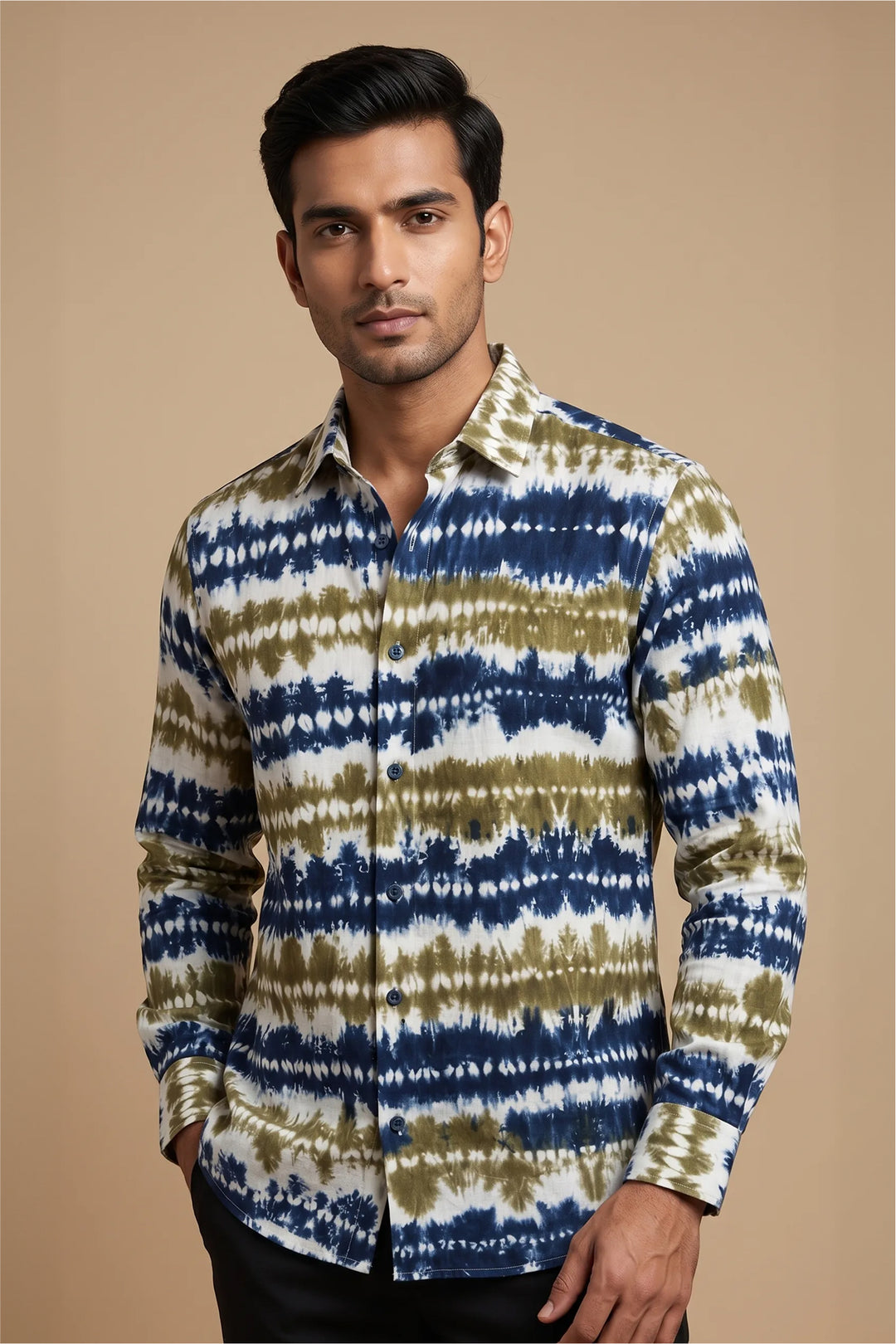 Olive and indigo Shibori-dyed cotton shirt — Grove by HILO DESIGN