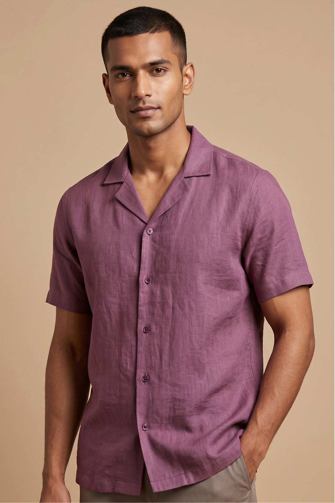 Wine linen shirt with relaxed fit and open collar — Henna by HILO DESIGN