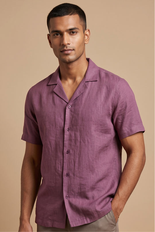 Wine linen shirt with relaxed fit and open collar — Henna by HILO DESIGN