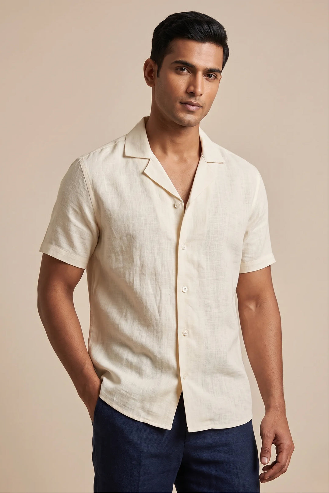 Cream linen shirt with relaxed fit and open collar — Sera by HILO DESIGN