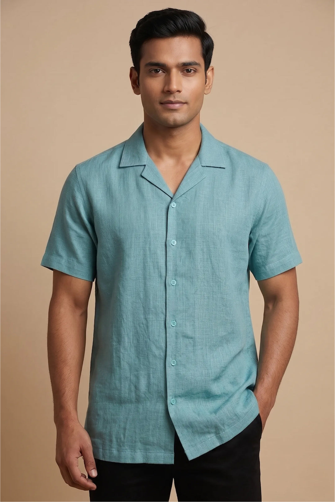 Sea green linen shirt with relaxed fit and open collar — Seaform by HILO DESIGN