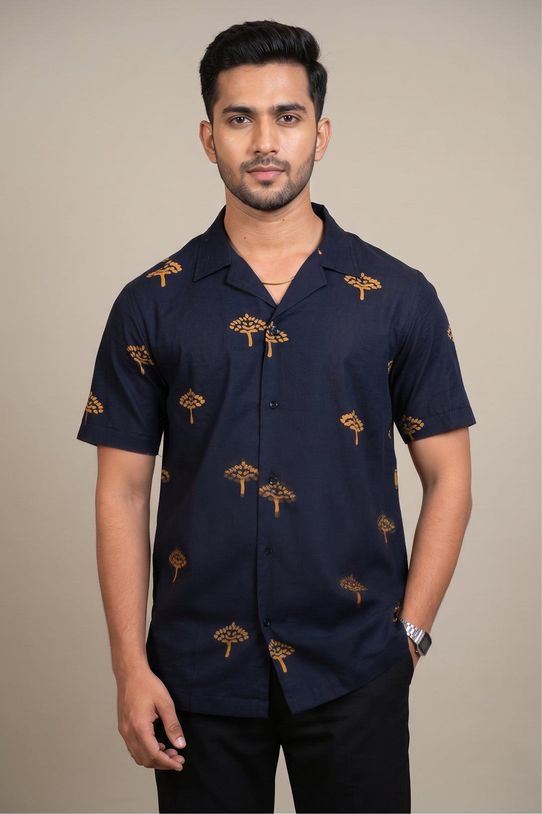 Navy cotton shirt with Dabu hand block-printed yellow motifs — Vriksha by HILO DESIGN