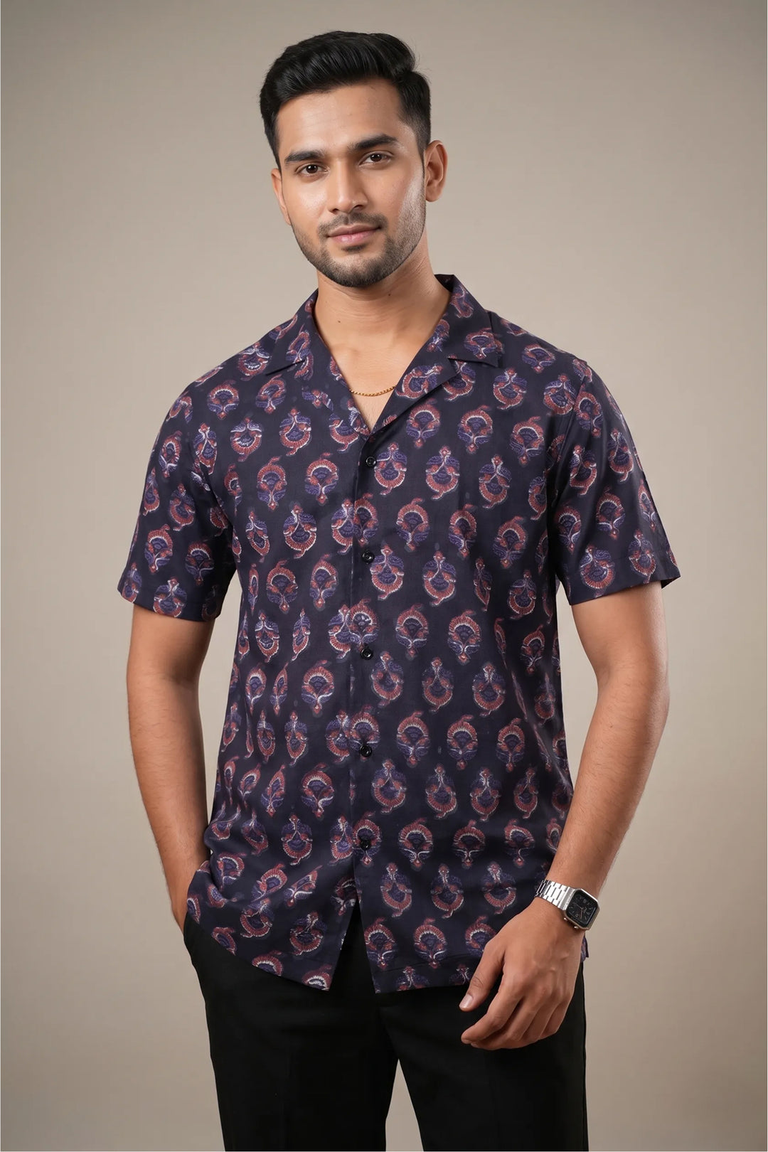 Dark blue Ajrakh hand block-printed cotton shirt — Paisley by HILO DESIGN