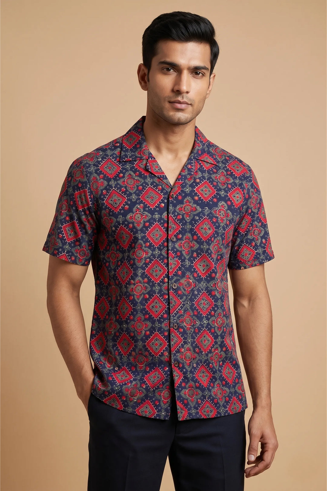 Red Ajrakh hand block-printed cotton shirt with geometric design — Solace by HILO DESIGN