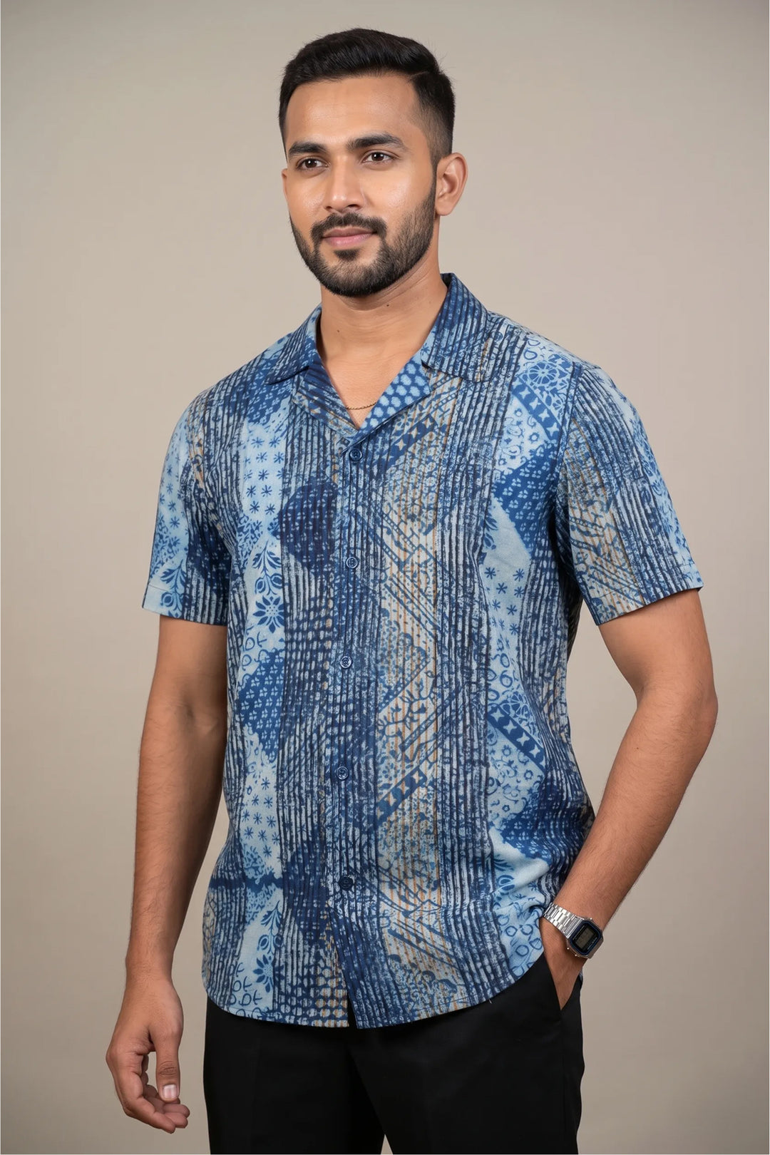 Sea blue cotton shirt with Dabu hand block print — Samudra by HILO DESIGN