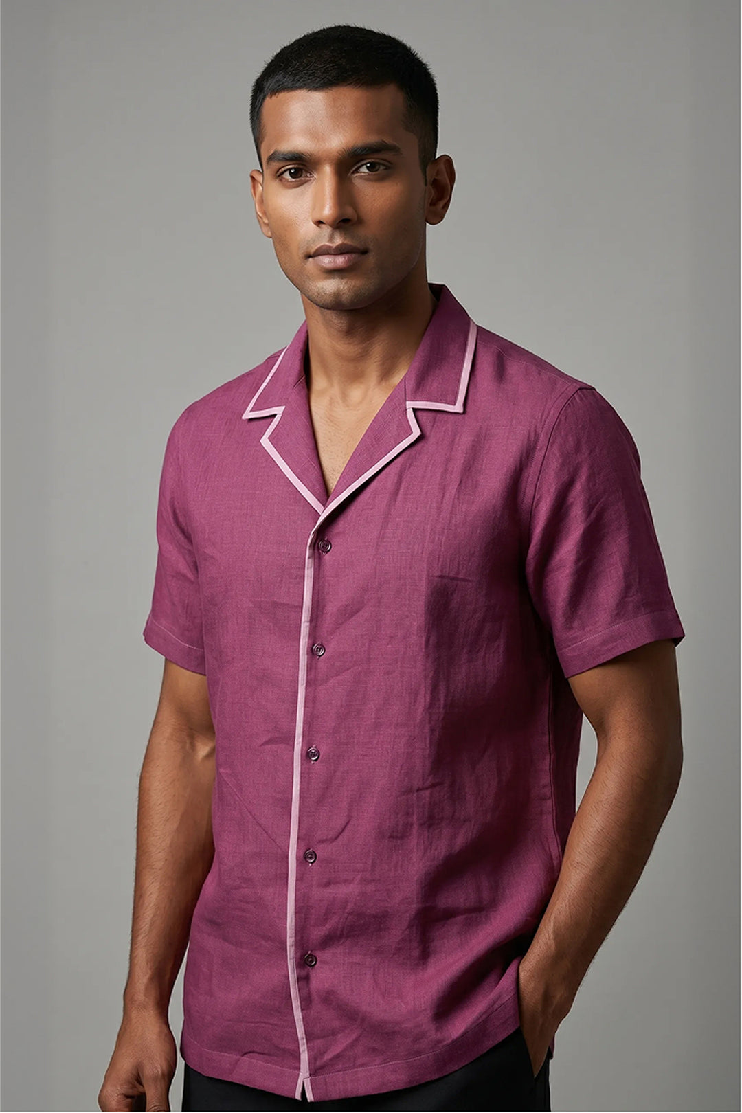 Burgundy linen shirt with relaxed fit and open collar — Sundown by HILO DESIGN