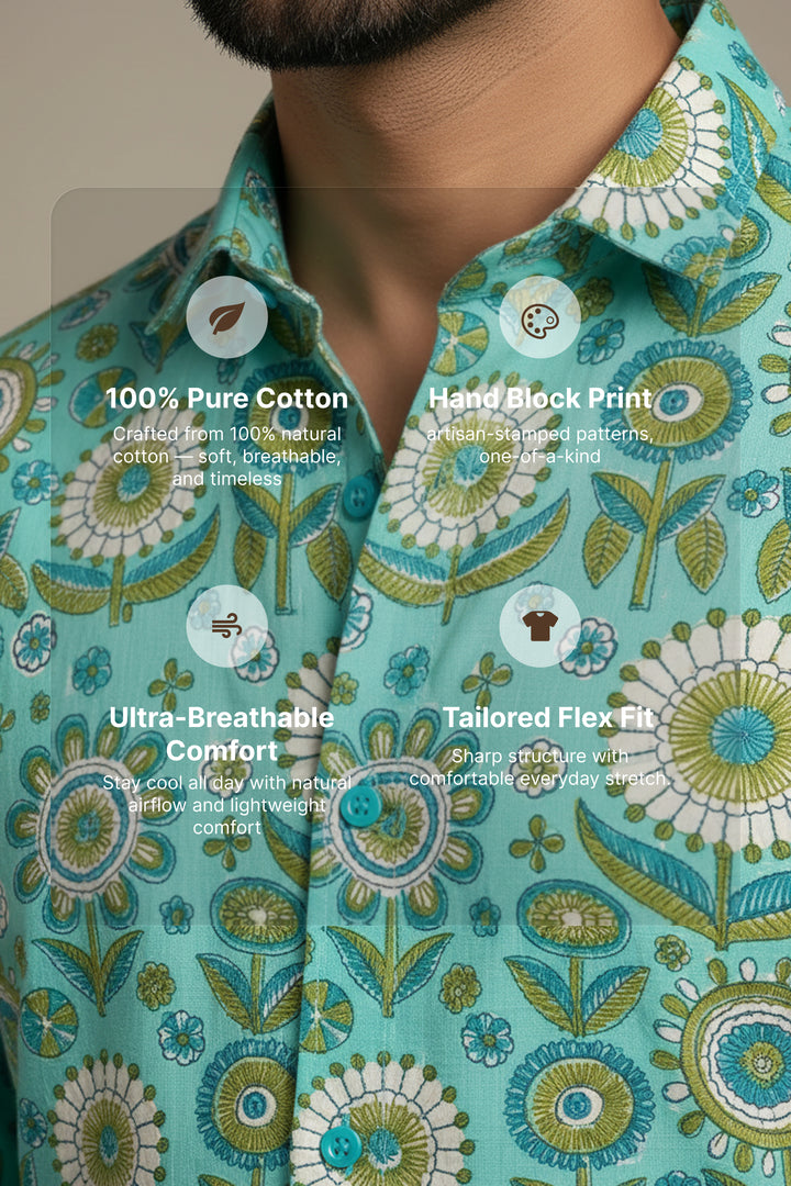 Turiya — Teal Ajrakh Cotton Shirt