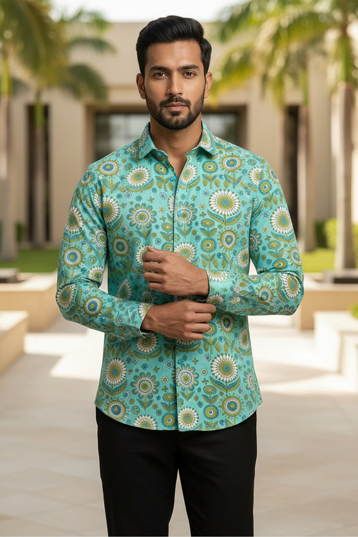 Turiya — Teal Ajrakh Cotton Shirt
