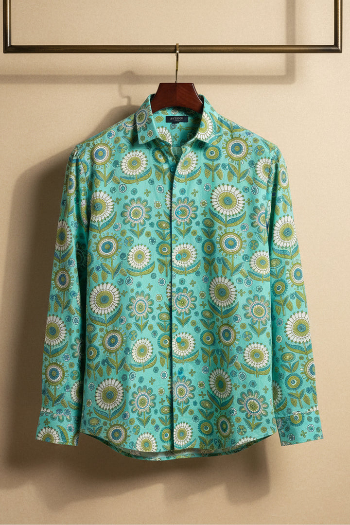 Turiya — Teal Ajrakh Cotton Shirt