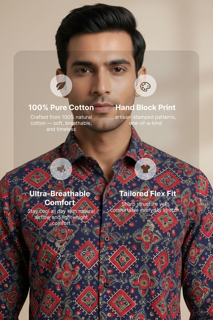 Durbar — Red Ajrakh Cotton Shirt
