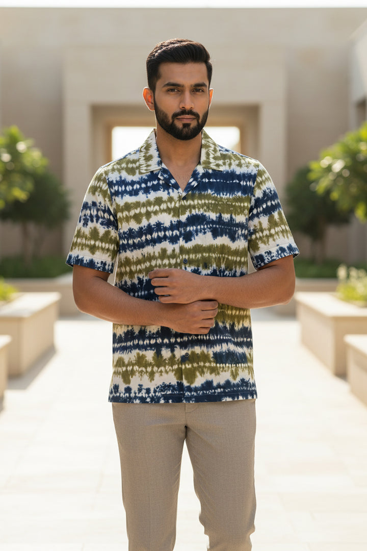 Prakriti — Olive Indigo Shibori Cotton Shirt