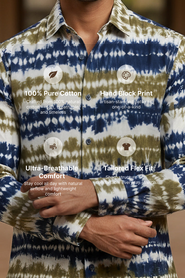 Grove — Olive Indigo Shibori Cotton Shirt