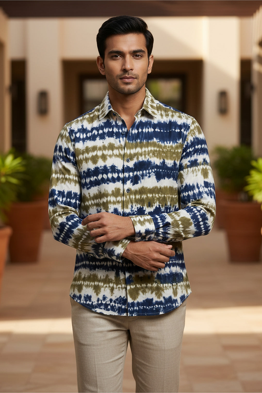 Grove — Olive Indigo Shibori Cotton Shirt
