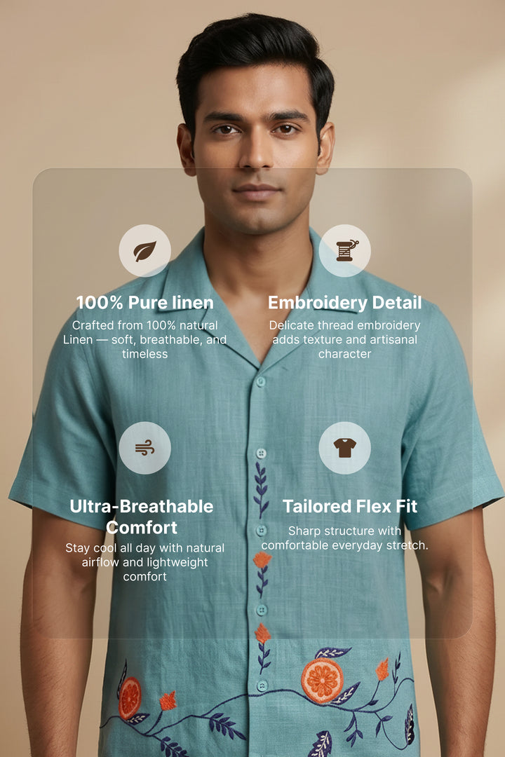 Coastline — Sea Green Embroidered Linen Shirt