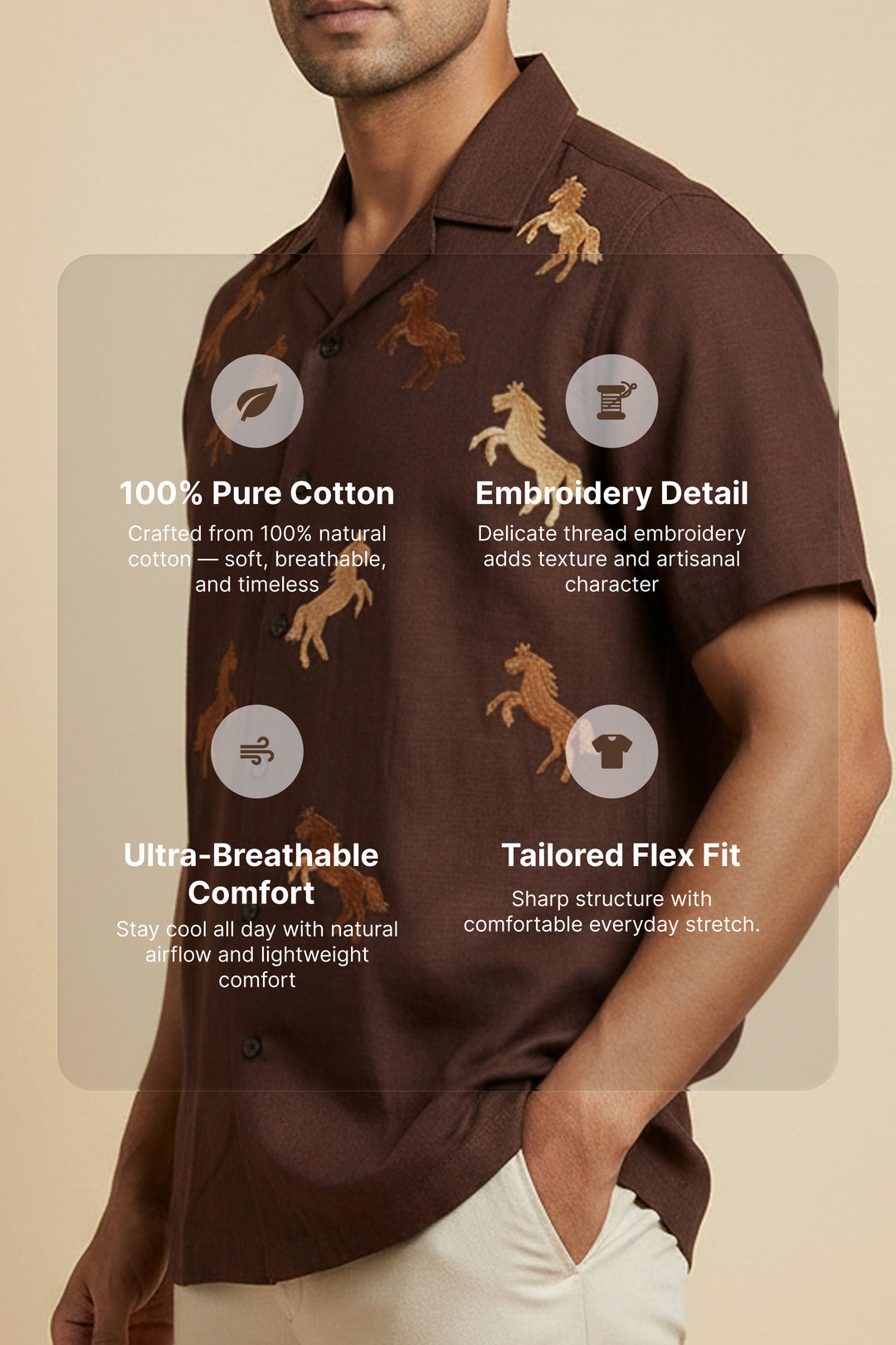 Galloping — Brown Horse Embroidered Cotton Shirt