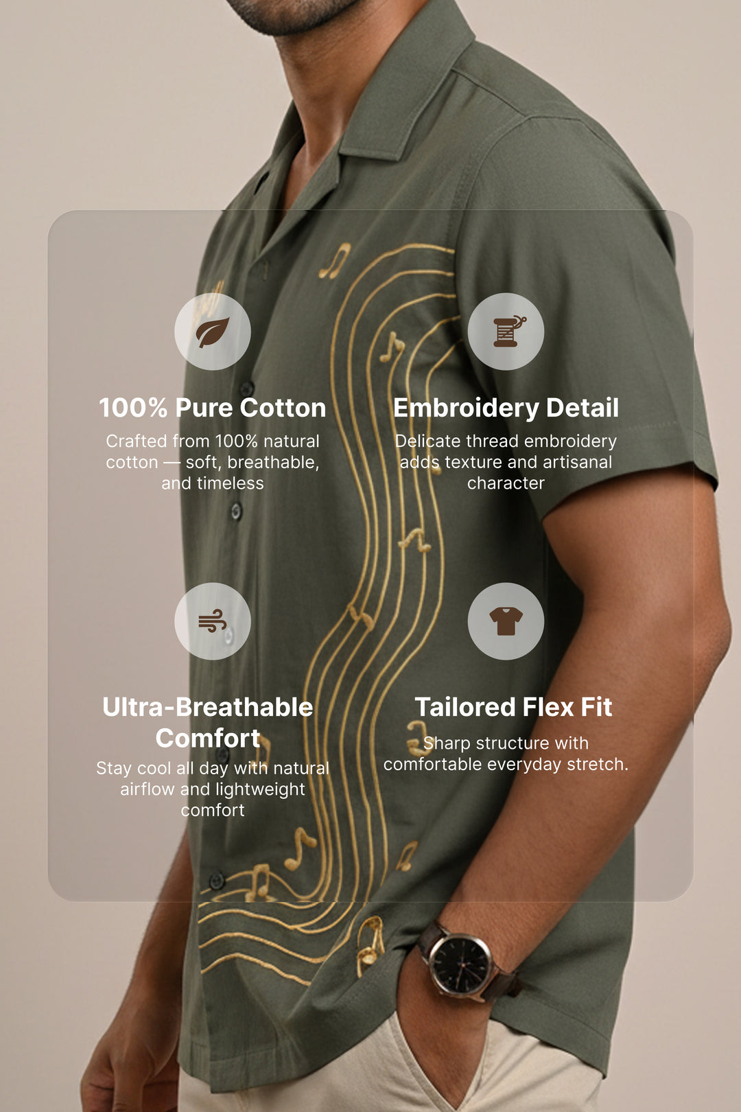 Echo — Green Music Embroidered Cotton Shirt