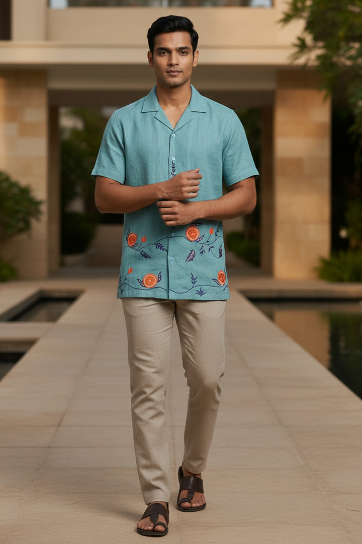 Coastline — Sea Green Embroidered Linen Shirt