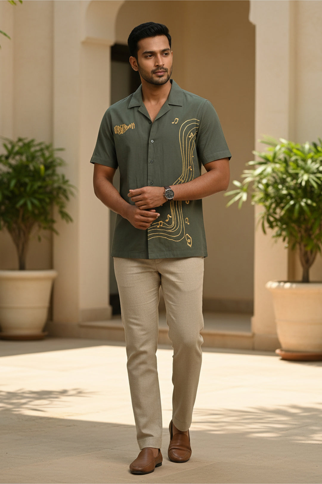 Echo — Green Music Embroidered Cotton Shirt