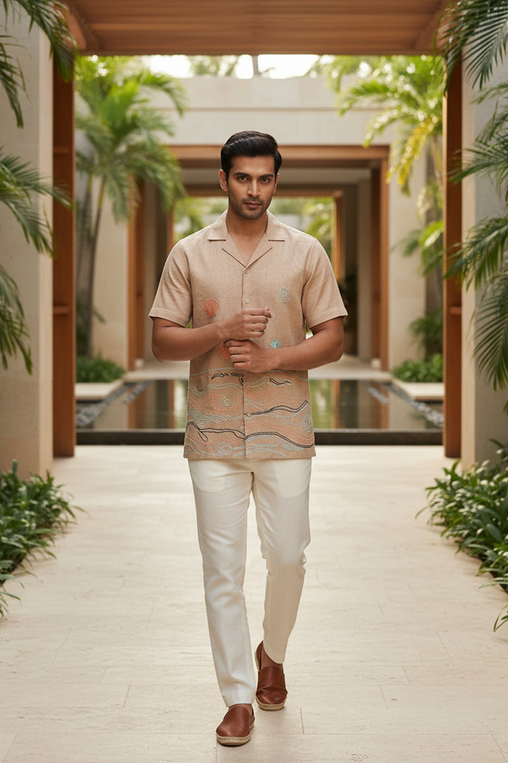 Soft Tide — Beige Embroidered Linen Shirt
