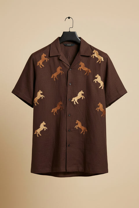 Galloping — Brown Horse Embroidered Cotton Shirt