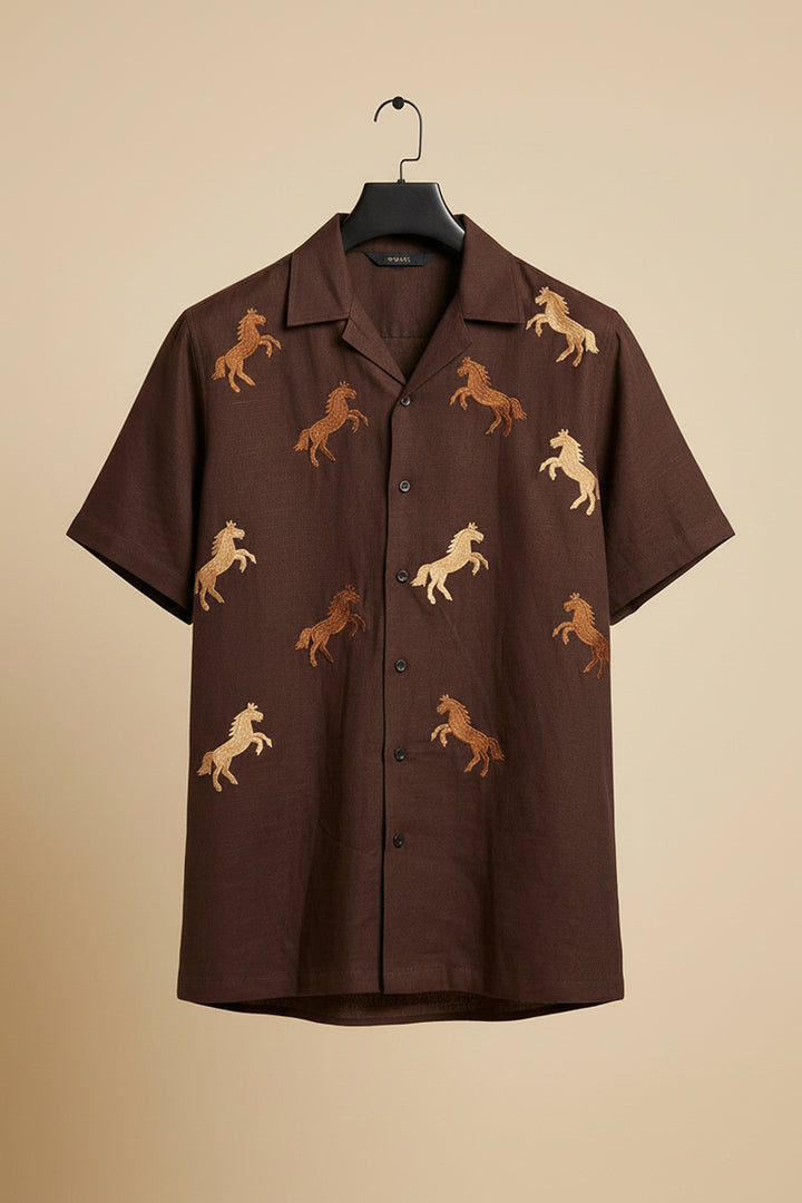 Galloping — Brown Horse Embroidered Cotton Shirt