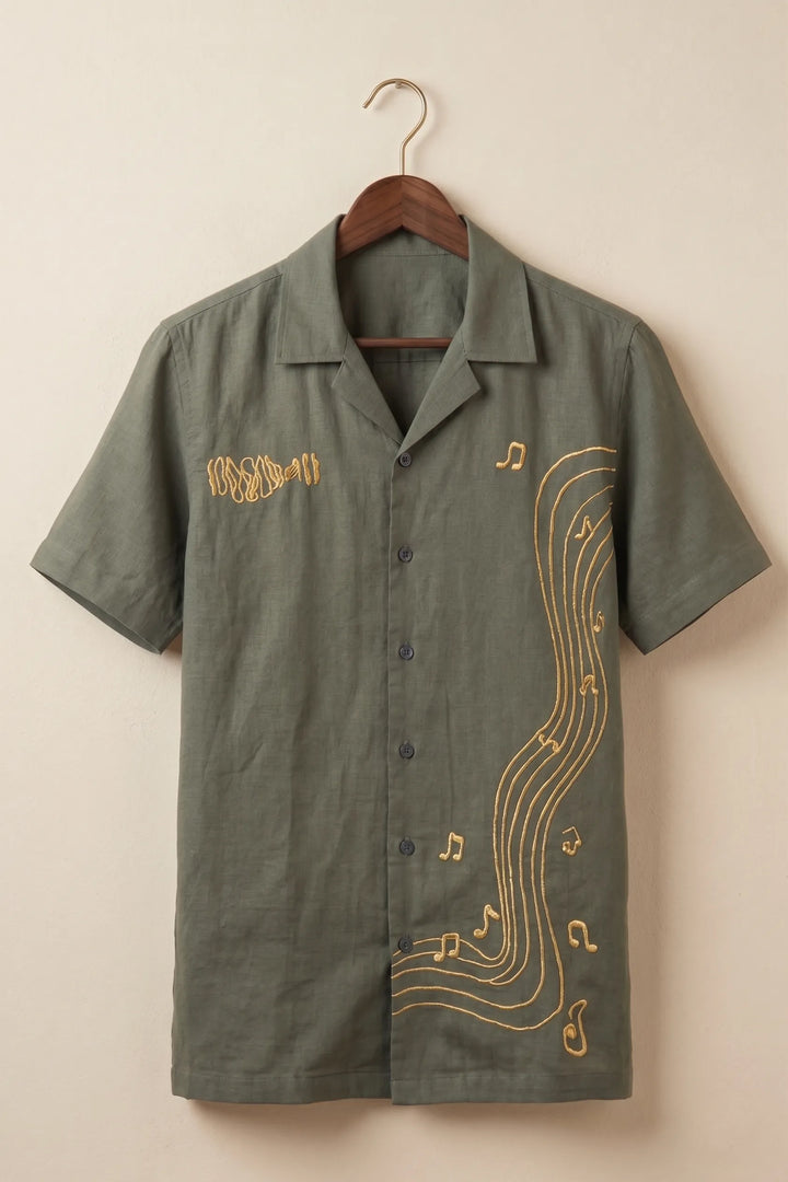 Echo — Green Music Embroidered Cotton Shirt