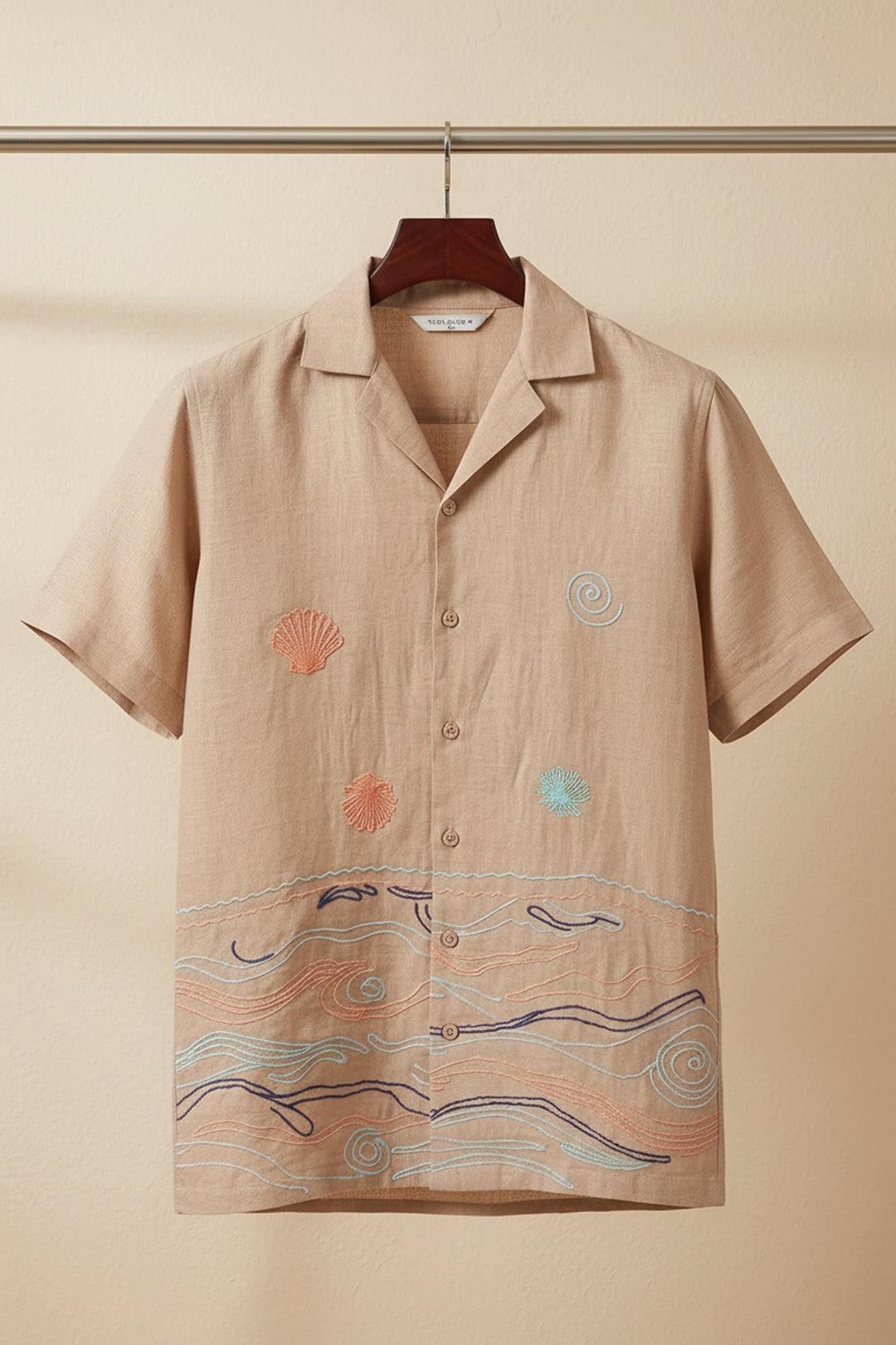 Soft Tide — Beige Embroidered Linen Shirt